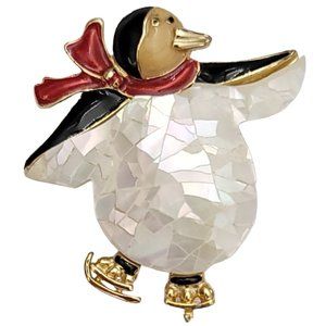 Liz Claiborne Faux Pearl Red Black Enamel Ice Skating Penguin Brooch Signed K657